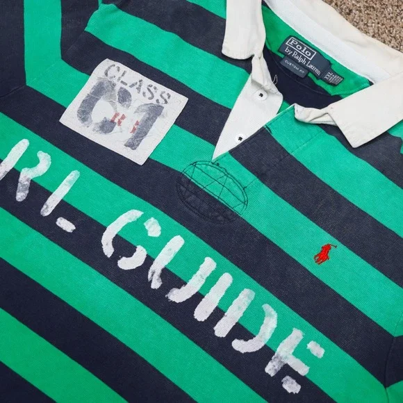 Vintage Polo Ralph Lauren RL Guide Striped Rugby Shirt Green Navy XXL Custom Fit - Picture 9 of 13